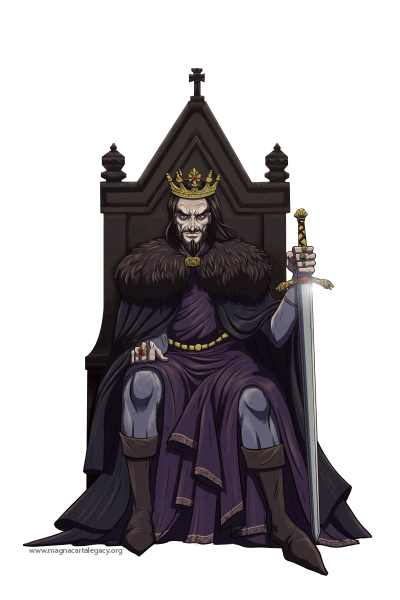 King John sitting on the throne looking sinister