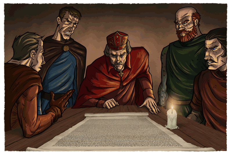Archbishop Langton and Barons look at draft of the Magna Carta